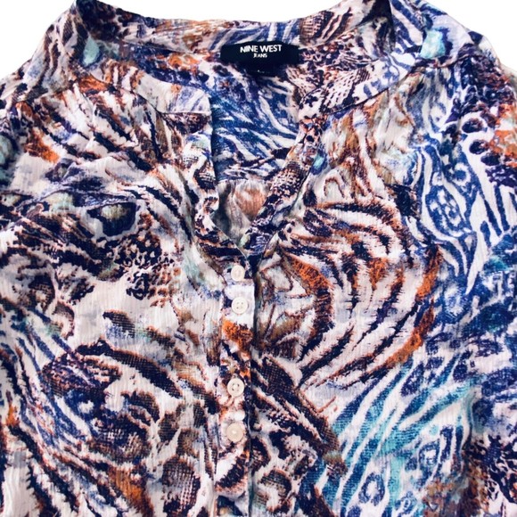 Nine West Jeans Gisella 3/4 Roll Sleeve Multicolor Viscose Hi/Lo Top Missy Sz L - Picture 2 of 11